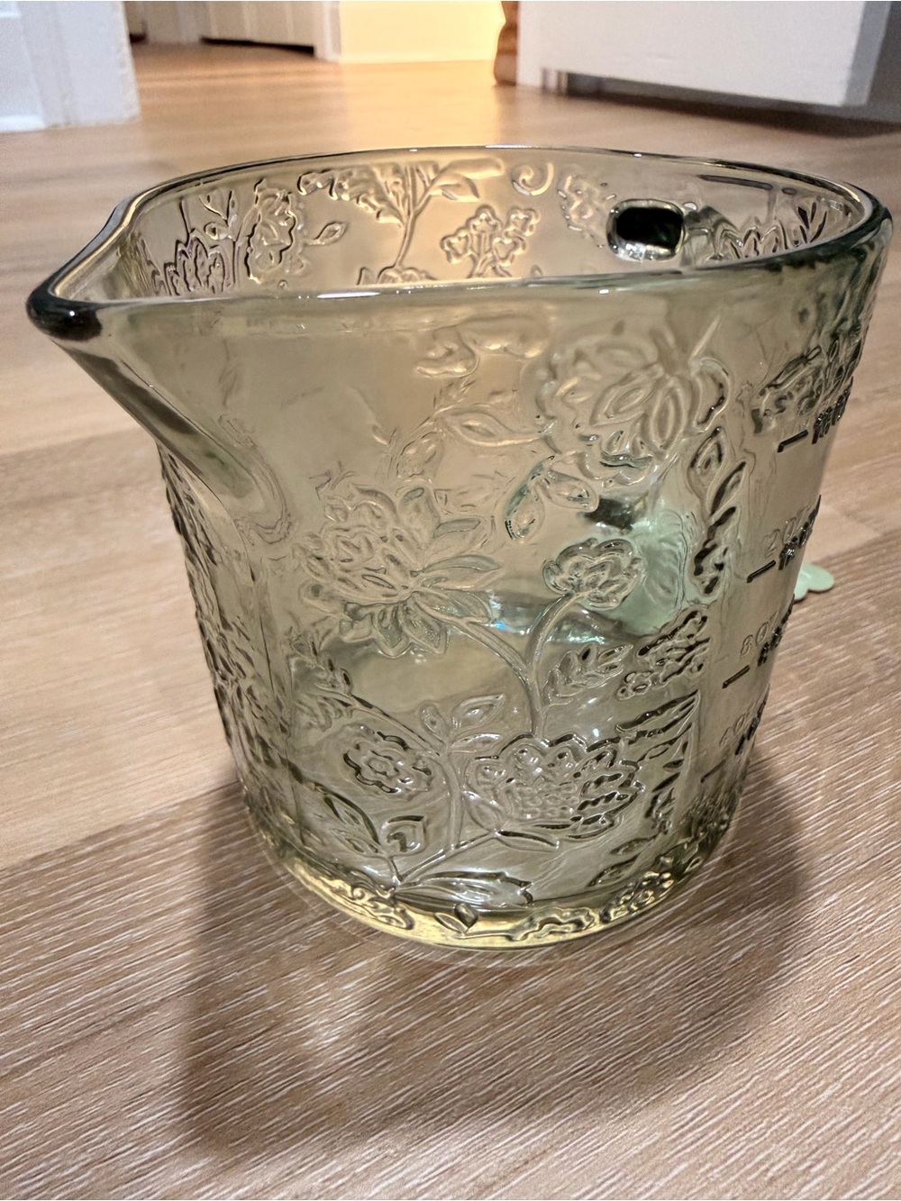 CWC Embossed Floral Green Glass Measuring Pitcher 2 cup